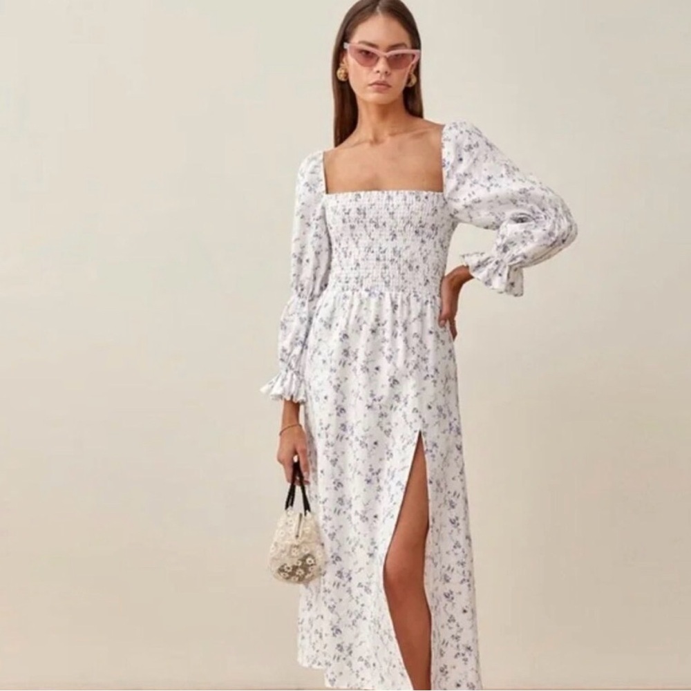 House of Harlow 1960 Linen Smocked Floral Midi Dress XS in Blue/White | Revolve